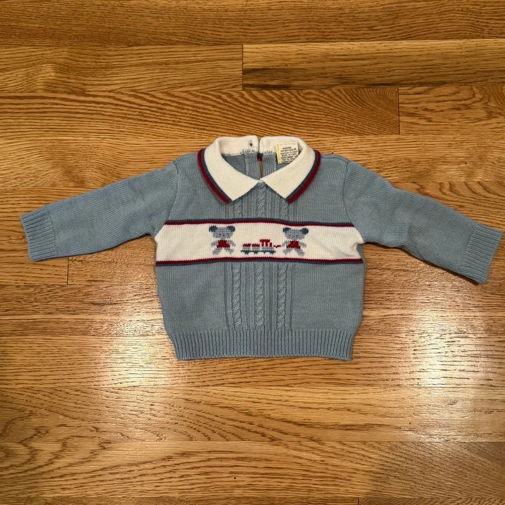 Vintage‎ Knit Sweater & Footed Pants Set Infant 3 Months Blue Bear Train 2pc